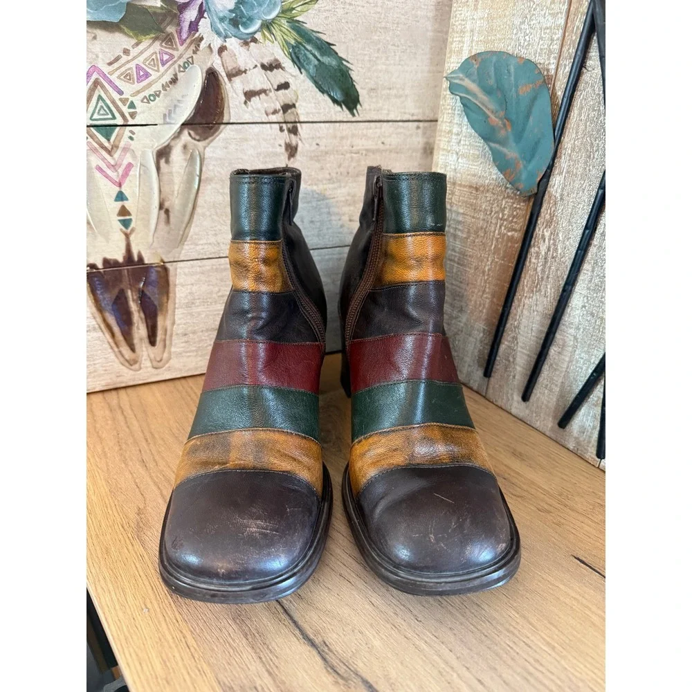 Vintage Roche Brazilian Leather Patchwork Ankle Boots Women's 9M Color Block Zip